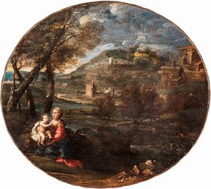Domenico Zampieri detto Domenichino, Attribuito a - Paesaggio con donna e bambino