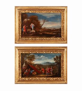 Scuola fiamminga del XVII secolo - a) Paesaggio con San Giovanni Battista  b) Paesaggio con accampamento militare