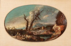 Scuola veneta del XVII secolo : Paesaggi con animali  - Asta Dipinti del XIX Secolo - Associazione Nazionale - Case d'Asta italiane