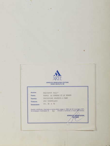 DALI' SALVADOR (1904 - 1989) : Da Le Bestiaire de La Fontaine Dalinis : Le Corbeau et le Renard.  - Asta Asta 424 | GRAFICA MODERNA, FOTOGRAFIA E MULTIPLI D'AUTORE Online - Associazione Nazionale - Case d'Asta italiane