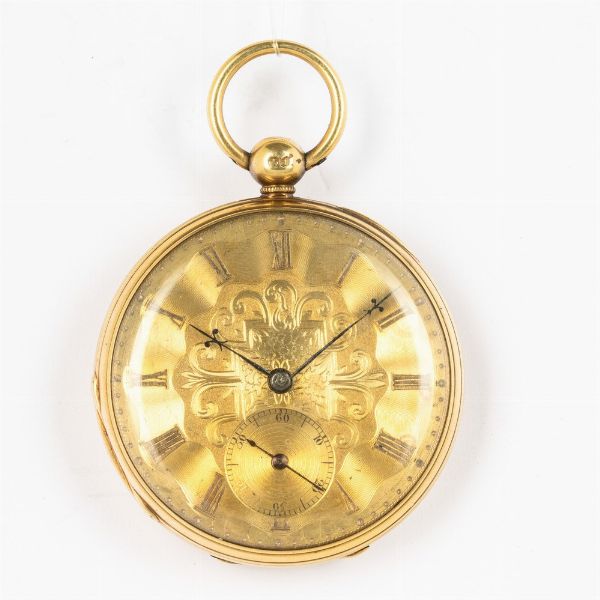 Orologio da taschino inglese cassa in oro 18 kt, movimento a ribalta con scappamento ad ancora, quadrante in oro.<BR>Regalo per i 43 anni di attivit� pastorale  - Asta Orologi da Tasca - Associazione Nazionale - Case d'Asta italiane