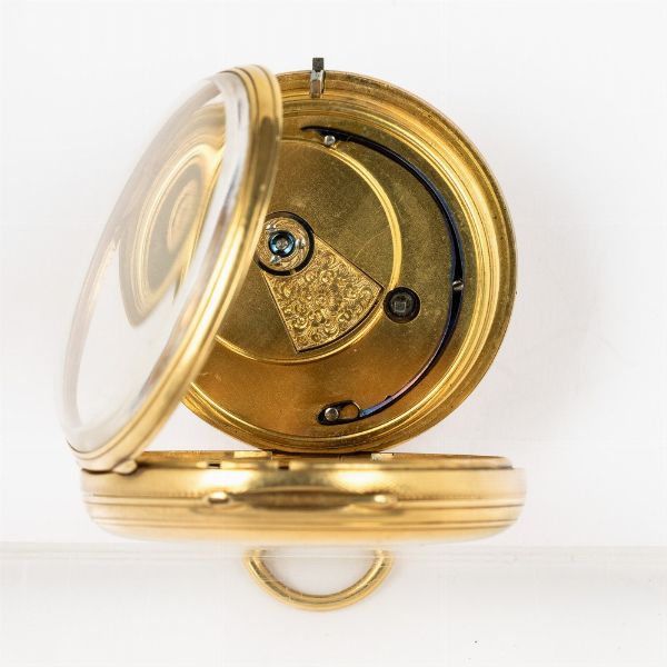 Orologio da taschino inglese cassa in oro 18 kt, movimento a ribalta con scappamento ad ancora, quadrante in oro.<BR>Regalo per i 43 anni di attivit� pastorale  - Asta Orologi da Tasca - Associazione Nazionale - Case d'Asta italiane