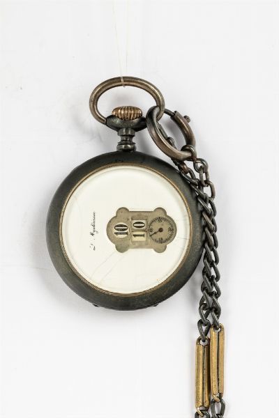 Orologio da tasca Salterello Le misterieuse del 1890 circa, cassa in acciaio brunito, quadrante in smalto filature, scappamento ad ancora  - Asta Orologi da Tasca - Associazione Nazionale - Case d'Asta italiane
