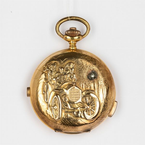 Orologio da tasca anonimo, ripetizione ore e quarti con cronografo 1880  circa, cassa in oro 18k sbalzata ed incisa  di pregevole fattura, movimento scappamento ad ancora, quadrante in smalto bianco  - Asta Orologi da Tasca - Associazione Nazionale - Case d'Asta italiane