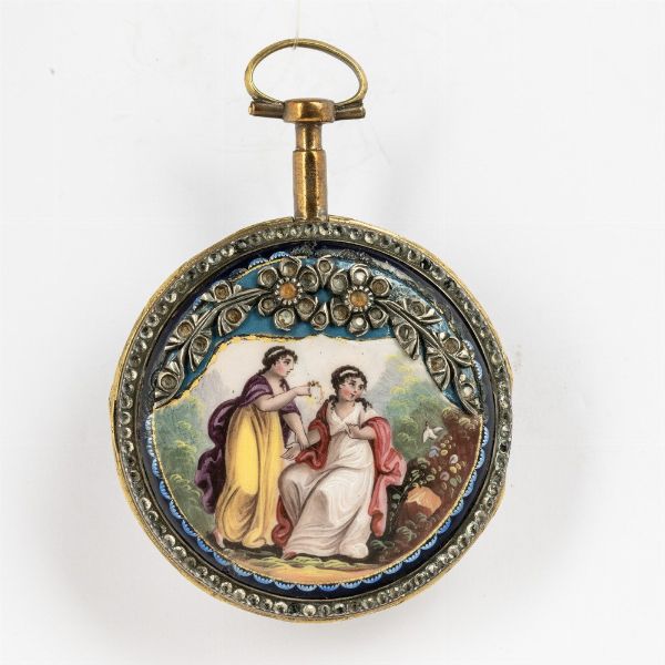 Orologio da tasca, Maurice a Geneve, cassa in ottone dorato con smalto al retro e pietre dure ( restauri precedenti ) quadrante in smalto bianco. Lunetta anteriore con pietre dure ( alcune mancanze )<BR>Movimento con scappamento a verga, conoide e catena.  - Asta Orologi da Tasca - Associazione Nazionale - Case d'Asta italiane