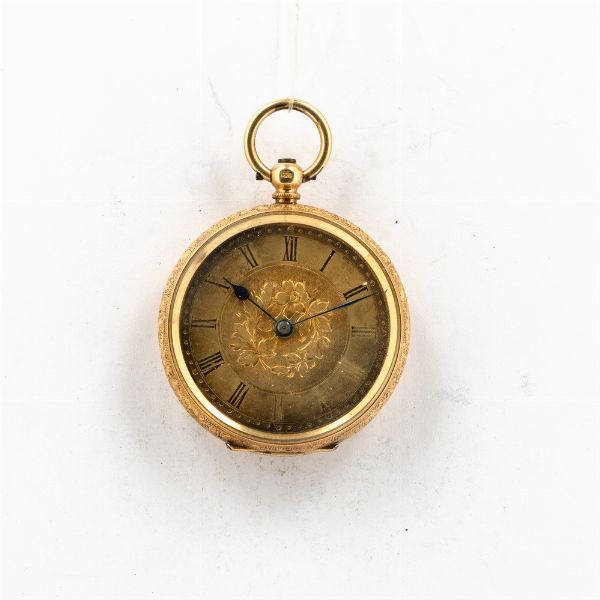 Orologio da collo da donna, 1870 circa, cassa in oro 18 kt, quadrante in oro, movimento con scappamento a cilindro.  - Asta Orologi da Tasca - Associazione Nazionale - Case d'Asta italiane