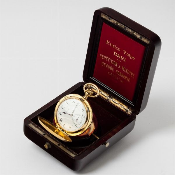 Enrico Volpe Bari per Zenith,1900 - 1910, orologio da tasca   suoneria ore/quarti al passaggio e su domanda , cassa in oro 18 kt, movimento grand sonnerie ore e quarti a carillon su gong, scappamento ad ancora, quadrante in smalto bianco, 30 rubini  - Asta Orologi da Tasca - Associazione Nazionale - Case d'Asta italiane