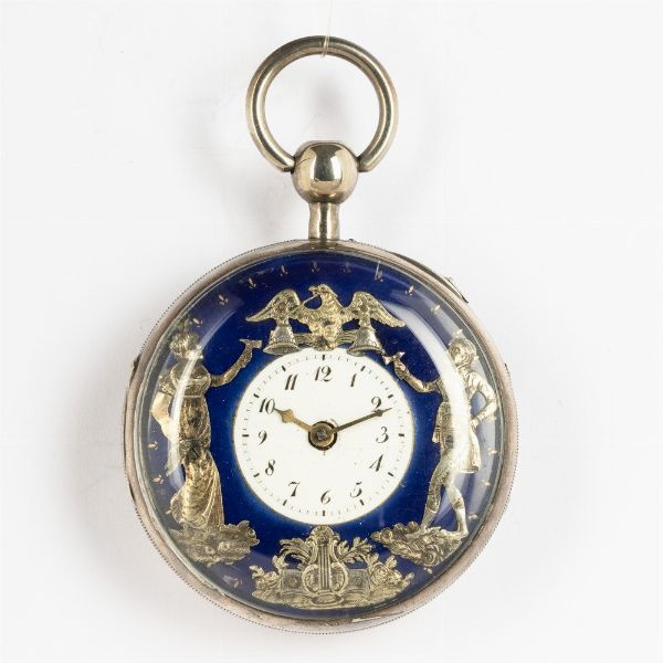 Orologio da tasca, cassa in argento, con automi firmato Breguet et fils del 1820 circa.<BR>Suoneria  ad ore e quarti su domanda, scappamento a verga, conoide e catena. <BR>Quadrante in smalto blu con disco centrale in smalto bianco, automi in argento.  - Asta Orologi da Tasca - Associazione Nazionale - Case d'Asta italiane