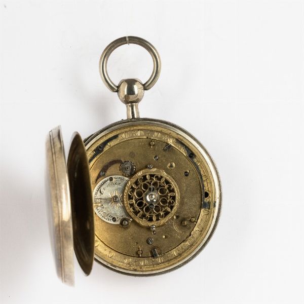Orologio da tasca, cassa in argento, con automi firmato Breguet et fils del 1820 circa.<BR>Suoneria  ad ore e quarti su domanda, scappamento a verga, conoide e catena. <BR>Quadrante in smalto blu con disco centrale in smalto bianco, automi in argento.  - Asta Orologi da Tasca - Associazione Nazionale - Case d'Asta italiane