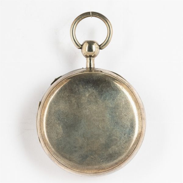 Orologio da tasca, cassa in argento, con automi firmato Breguet et fils del 1820 circa.<BR>Suoneria  ad ore e quarti su domanda, scappamento a verga, conoide e catena. <BR>Quadrante in smalto blu con disco centrale in smalto bianco, automi in argento.  - Asta Orologi da Tasca - Associazione Nazionale - Case d'Asta italiane