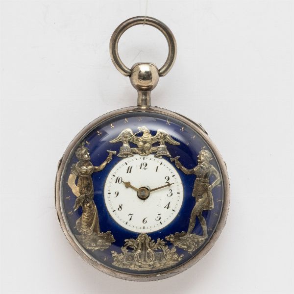 Orologio da tasca, cassa in argento, con automi firmato Breguet et fils del 1820 circa.<BR>Suoneria  ad ore e quarti su domanda, scappamento a verga, conoide e catena. <BR>Quadrante in smalto blu con disco centrale in smalto bianco, automi in argento.  - Asta Orologi da Tasca - Associazione Nazionale - Case d'Asta italiane