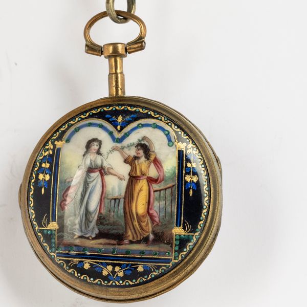 Orologio da tasca del 1790-1800 circa, movimento a verga, cassa in ottone con smalto al retro, albertina associata in metallo e smalti  - Asta Orologi da Tasca - Associazione Nazionale - Case d'Asta italiane
