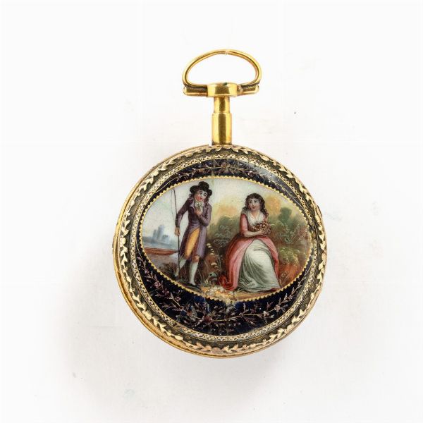 Frere Wills et Man a Geneve, 1800 circa, cassa in ottone dorato al mercurio, con smalto al retro (danneggiato), movimento con scappamento a  verga, quadrante in smalto bianco (rotture)  - Asta Orologi da Tasca - Associazione Nazionale - Case d'Asta italiane