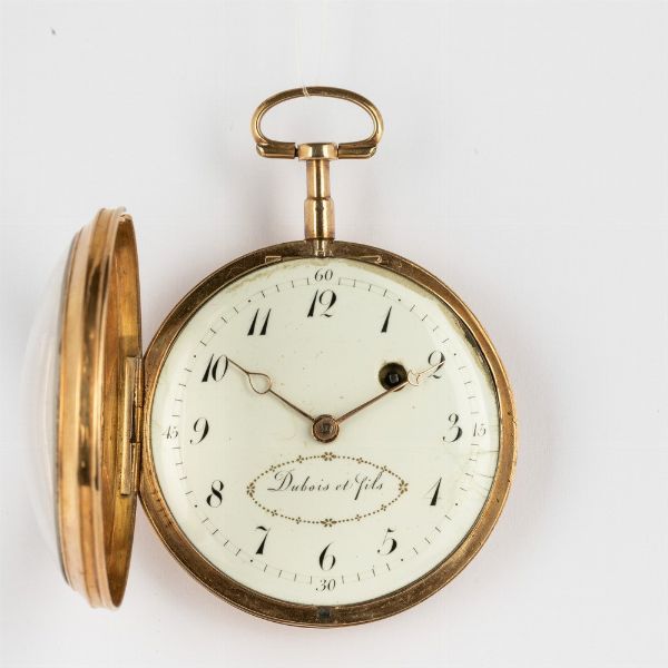 Dubois et fils, orologio da tasca francese, 1800 circa, cassa in oro rosa movimento con scappamento a verga, quadrante in smalto bianco  - Asta Orologi da Tasca - Associazione Nazionale - Case d'Asta italiane