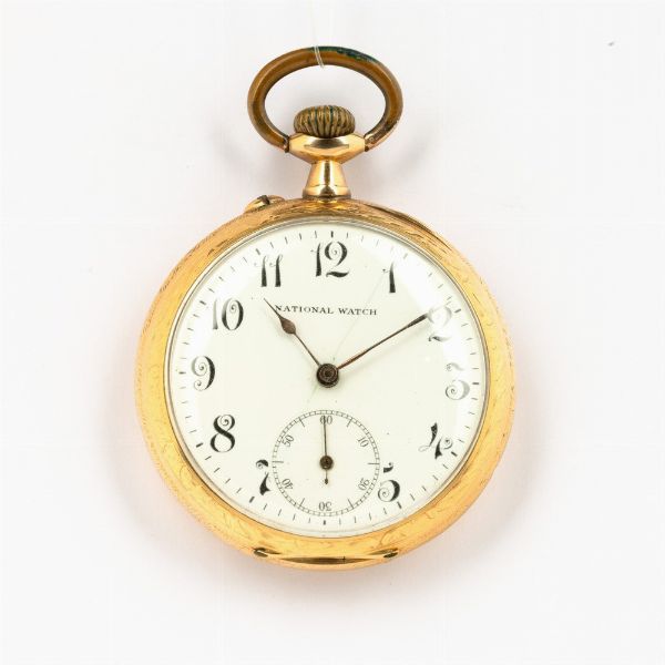 Orologio da tasca National Watch Americano, cassa in oro 18 kt, quadrante in smalto bianco, filature, scappamento ad ancora, 1930 circa  - Asta Orologi da Tasca - Associazione Nazionale - Case d'Asta italiane