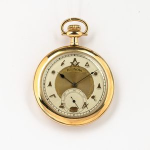 Orologio da tasca Elgin, cassa in metallo laminato, quadrante con simboli massonici, cassa con apertura a vite postoriere  - Asta Orologi da Tasca - Associazione Nazionale - Case d'Asta italiane