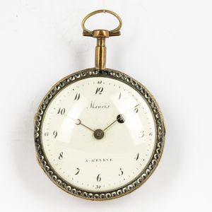 Orologio da tasca, Maurice a Geneve, cassa in ottone dorato con smalto al retro e pietre dure ( restauri precedenti ) quadrante in smalto bianco. Lunetta anteriore con pietre dure ( alcune mancanze )<BR>Movimento con scappamento a verga, conoide e catena.  - Asta Orologi da Tasca - Associazione Nazionale - Case d'Asta italiane