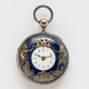 Orologio da tasca, cassa in argento, con automi firmato Breguet et fils del 1820 circa.<BR>Suoneria  ad ore e quarti su domanda, scappamento a verga, conoide e catena. <BR>Quadrante in smalto blu con disco centrale in smalto bianco, automi in argento.  - Asta Orologi da Tasca - Associazione Nazionale - Case d'Asta italiane