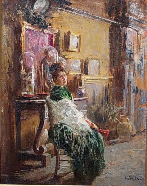 Giovanni Panza (1894 - 1989) : Interno con figura femminile in abito verde  - Asta Dipinti XIX secolo - Associazione Nazionale - Case d'Asta italiane