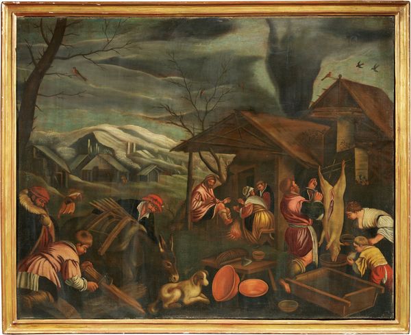Scuola dei Bassano del XVII secolo : Paesaggio con scena di mercato e macellazione del suino  - Asta Dipinti e Sculture del XIX e XX secolo - Associazione Nazionale - Case d'Asta italiane
