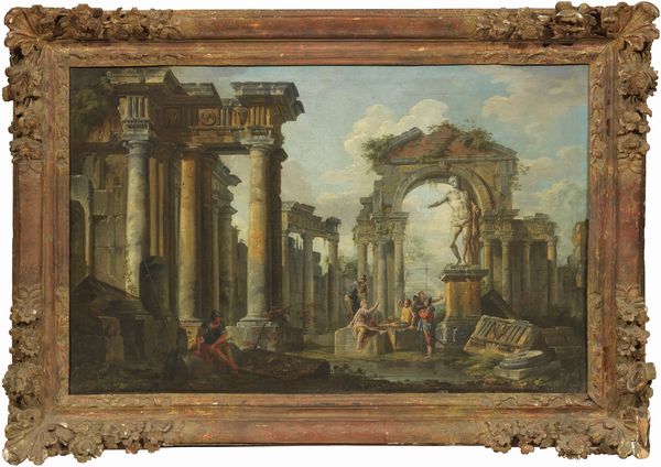 Giovanni Paolo Panini : Rovine architettoniche con soldati sotto una statua romana  - Asta Dipinti e Sculture del XIX e XX secolo - Associazione Nazionale - Case d'Asta italiane