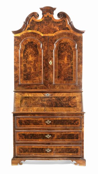 Trumeau a due corpi lastronato in radica e legni vari con filettature in legno chiaro  - Asta Dipinti e Sculture del XIX e XX secolo - Associazione Nazionale - Case d'Asta italiane