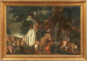 Scuola dei Bassano del XVII secolo - Scena di Vecchio Testamento: Mos fa scaturire le acque