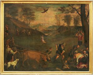 Scuola dei Bassano del XVII secolo - Paesaggio con pastori, contadini e armenti