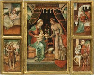 Scuola marchigiana del XVII secolo - Trittico con scene del Vangelo e due Santi
