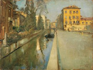 Gianni Maimeri - Barca sul Naviglio di via Senato