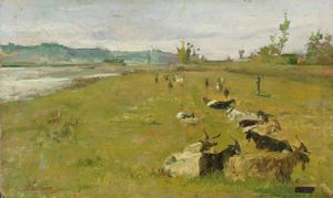 Ludovico Tommasi - Capre al pascolo sul greto dell'Arno