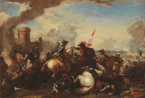 Jacques Courtois, detto il Borgognone (attr. a) - Battaglia di cavalleria davanti a una citt turrita
