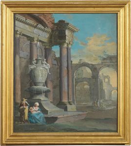 Pietro Paltronieri, il Mirandolese (attr. a) - Paesaggio con rovine, fontana e figure e Paesaggio con rovine, piramide e figure