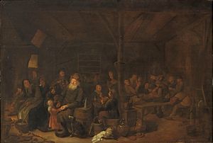 Scuola fiamminga del XVII secolo - Interno di locanda con scene di vita