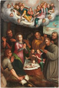 Scuola emiliana del XVI secolo - Nativit con due Santi francescani e pastori: sullo sfondo Annuncio ai pastori
