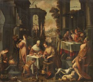 Scuola veneta inizio del XVII secolo - Paesaggio con scena di mercato