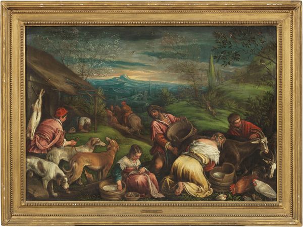 Francesco Bassano il Giovane (studio di) : Paesaggio con contadini (Pastorale)  - Asta Importanti Arredi, Sculture e Dipinti Antichi - Associazione Nazionale - Case d'Asta italiane