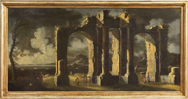 Viviano Codazzi (ambito di) : Paesaggio marino con ruderi di architetture e figure  - Asta Importanti Arredi, Sculture e Dipinti Antichi - Associazione Nazionale - Case d'Asta italiane