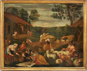 Scuola dei Bassano del XVII secolo - Paesaggio con scena di mercato e tosatura di un gregge