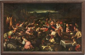 Scuola dei Bassano del XVII secolo - Scena di mercato (Preparativi della cena di Cana)