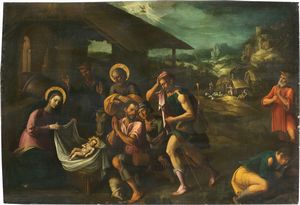 Scuola lombarda inizio XVII secolo - Nativit� con annuncio e adorazione dei pastori