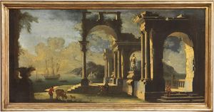 Viviano Codazzi (ambito di) - Paesaggio con rovine architettoniche, figure e un vascello nello sfondo