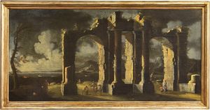 Viviano Codazzi (ambito di) - Paesaggio marino con ruderi di architetture e figure