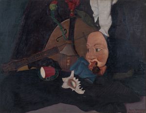 LEONE MINASSIAN - Natura morta  con maschera conchiglia e mandolino