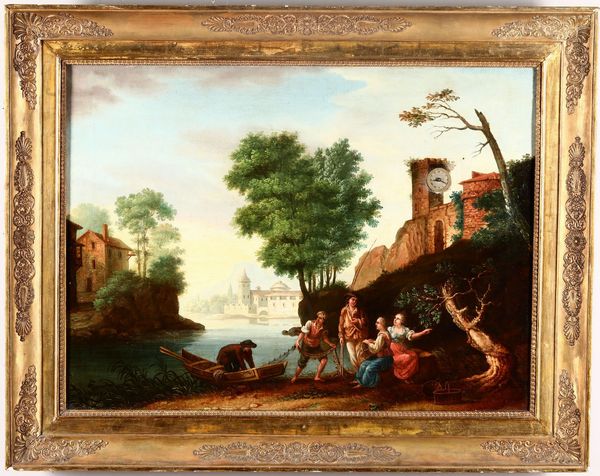 Orologio a quadro raffigurante paesaggio fluviale con figure ed architetture ad olio su tela, XIX secolo  - Asta Pendole e orologi - Associazione Nazionale - Case d'Asta italiane
