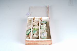 Cassettiera contenente centinaia di vetri da orologio  - Asta Pendole e orologi - Associazione Nazionale - Case d'Asta italiane