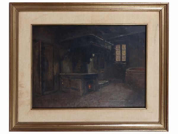 Scuola italiana del XIX/XX secolo : Interno di cucina  - Asta L'arte di arredare - Associazione Nazionale - Case d'Asta italiane