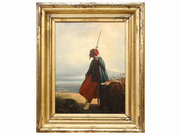 Scuola napoletana della fine del XIX secolo : Personaggio orientale in un paesaggio  - Asta L'arte di arredare - Associazione Nazionale - Case d'Asta italiane