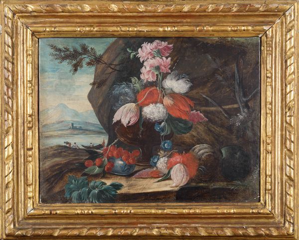Scuola del XVIII secolo Paesaggi con composizioni di fiori e frutti  - Asta Dipinti Antichi - Associazione Nazionale - Case d'Asta italiane