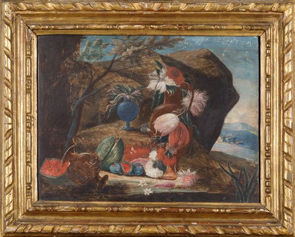 Scuola del XVIII secolo Paesaggi con composizioni di fiori e frutti  - Asta Dipinti Antichi - Associazione Nazionale - Case d'Asta italiane